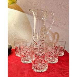 Bohemian Hand Cut Crystal 54oz Pitcher and 5 Double Old Fashioned Rocks Glasses